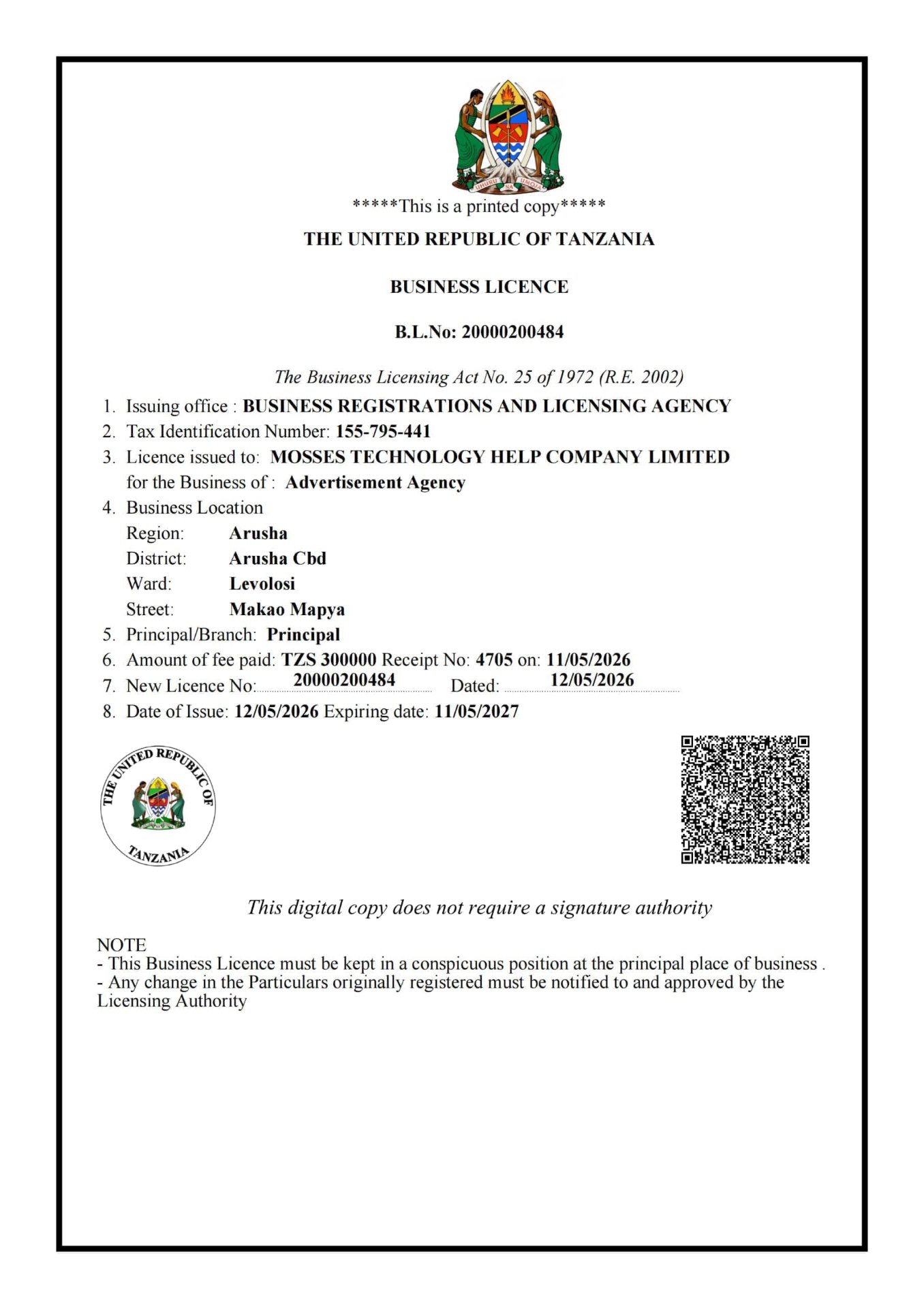 Business Licence β B.L.No: 20000200484