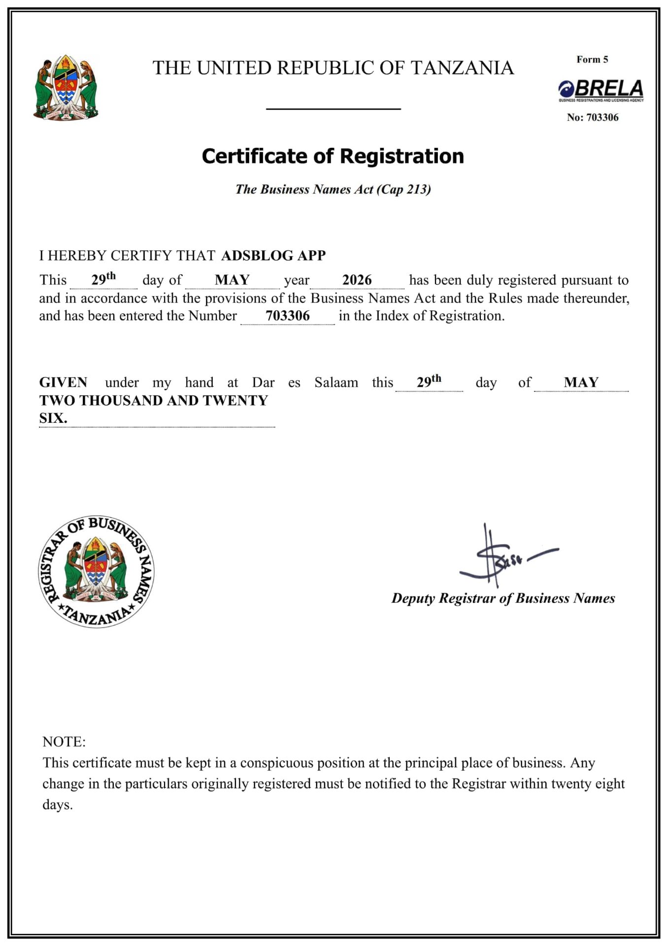 Certificate of Registration β ADSBLOG APP (No. 703306)